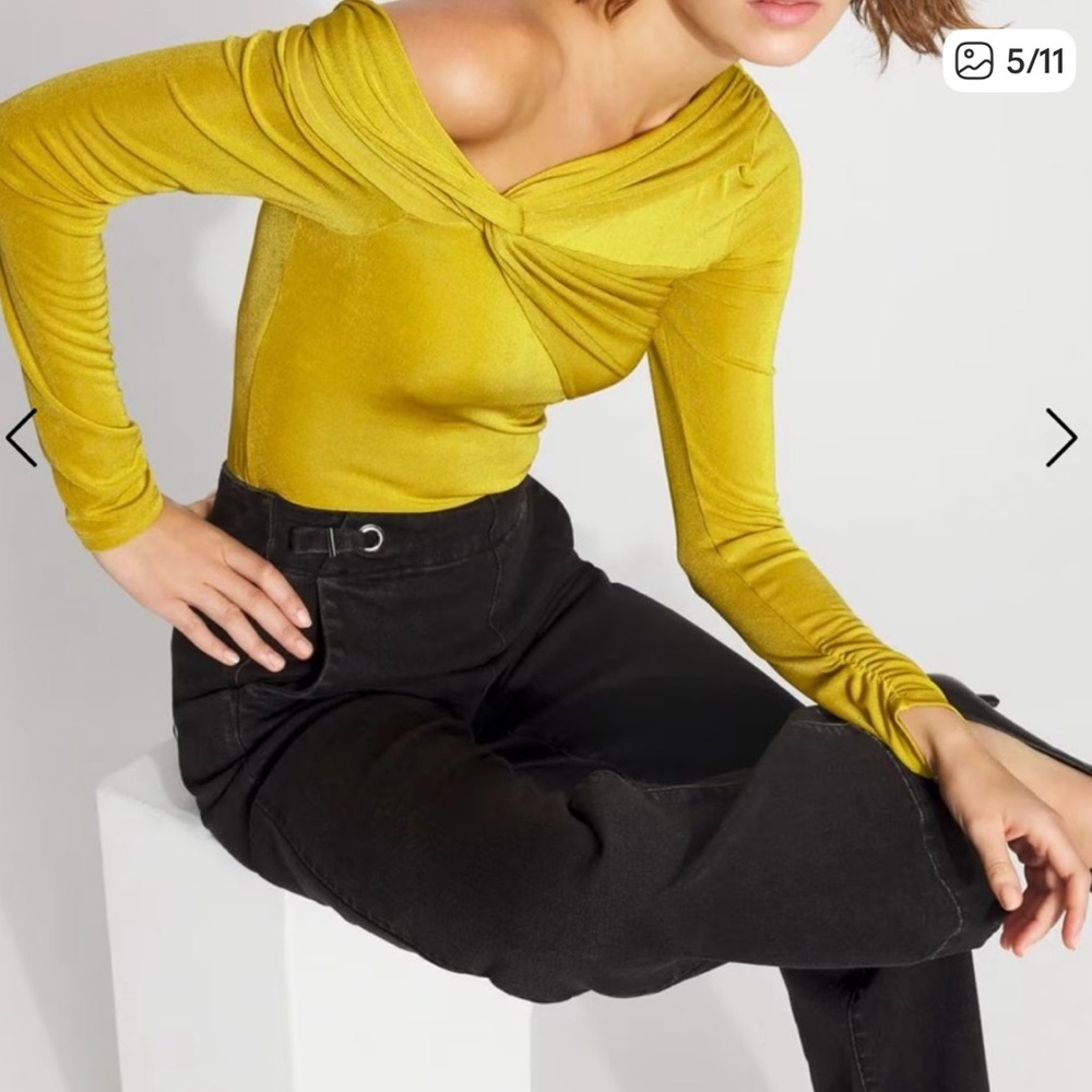 White House Black Market Mustard Draped Jersey Top - Picture 3 of 4